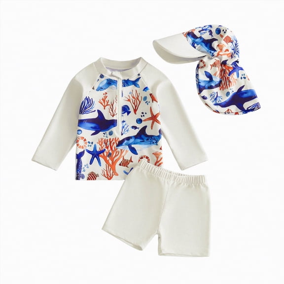 Taybagh Boy Split Swimsuit Cartoon Short Sleeved Shorts Childrens Swimsuit with Sun Hat Boys Clothes Beach