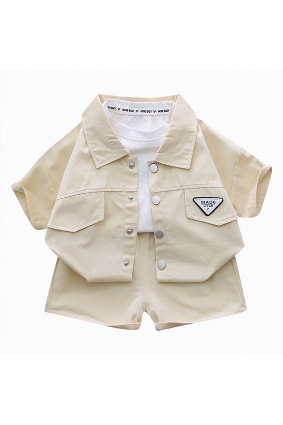 Boys Beach Outfits Short Sleeve Tops Button Down Coat Vacation Shorts Set for Kids Texture 2 Pieces Vacation Clothes