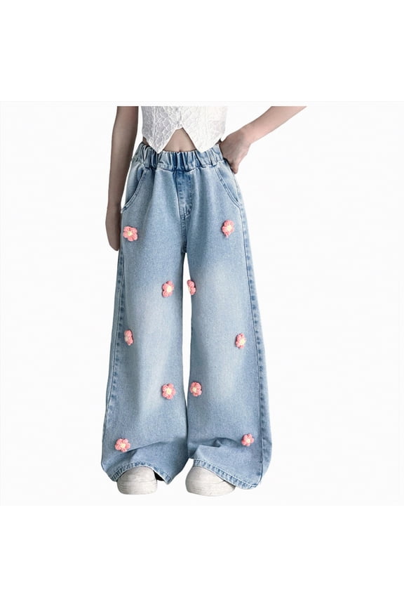 Casual Jeans for Teen Girls Embroidered Floral Jeans Straight Wide Legged Toddler Girl Pants Cute