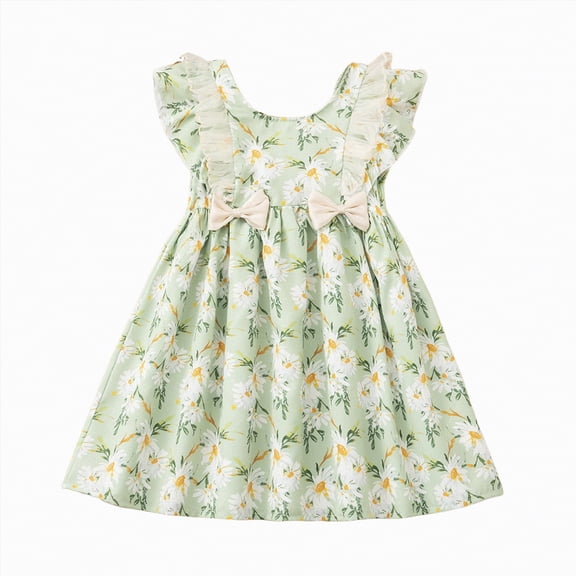 Taybagh Dress for Girls Thin a Line Birthday Girls Dress with Floral Patterns and Bow Sweet Toddler Clothes