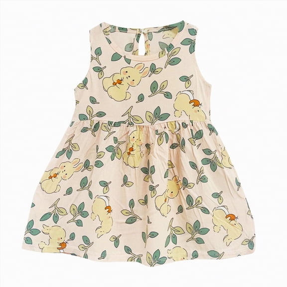 Taybagh Dresses for Girls Floral Print Sleeveless Girls Summer Dress with Round Neck Little Child Clothes