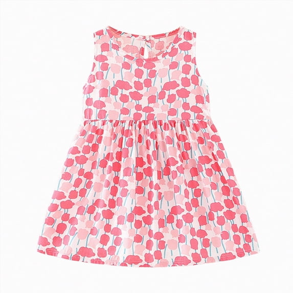 Taybagh Dresses for Girls Floral Print Sleeveless Girls Summer Dress with Round Neck Little Child Clothes