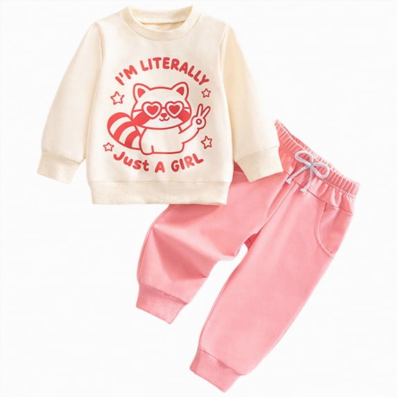 Taybagh Girls 2 Piece Outfits Sweatshirt Set Solid Color Sweatpants Pink Cat Printed Baby Girl Outfits for Valentines Party