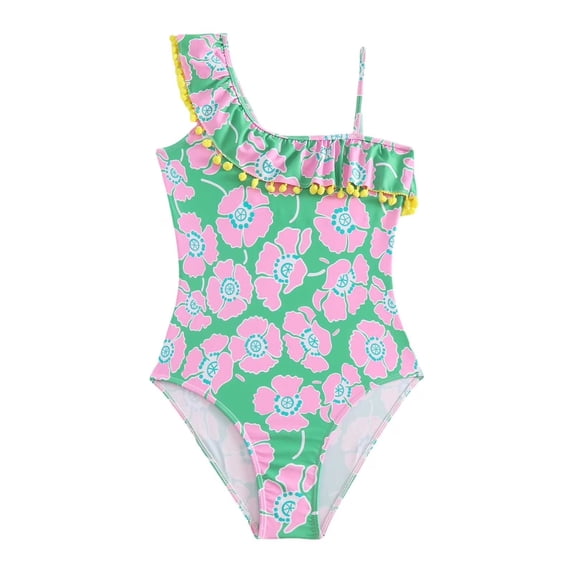 Taybagh Girls Bathing Suit Classic Bikini Swimsuit with Irregular Shoulder Straps Floral Prints Teen Girl Clothes