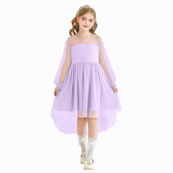 Taybagh Girls Dresses Mesh Sleeve a Line Birthday Dress Party Formal Girls Clothes for Wedding Guest Purple 5-6 Years
