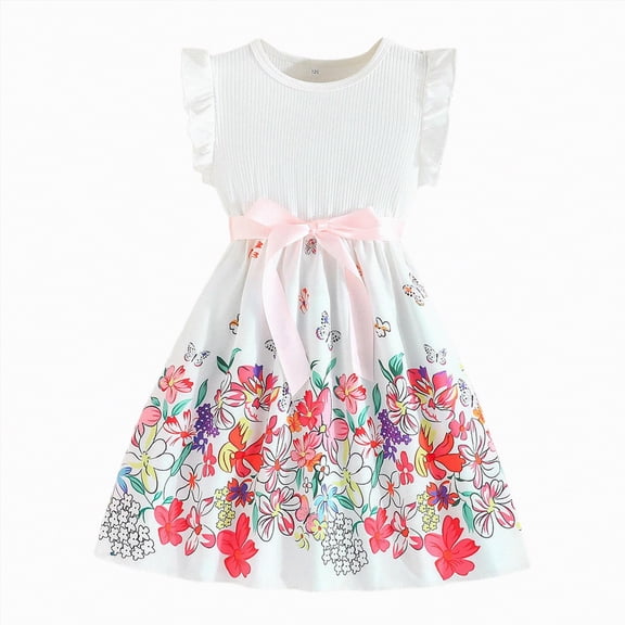Taybagh Girls Dresses Summer Ruffles Sleeveless Dress Floral Prints Bow Fashion Ribbed Clothes