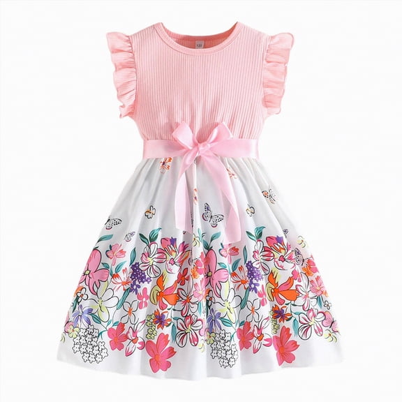 Taybagh Girls Dresses Summer Ruffles Sleeveless Dress Floral Prints Bow Fashion Ribbed Clothes