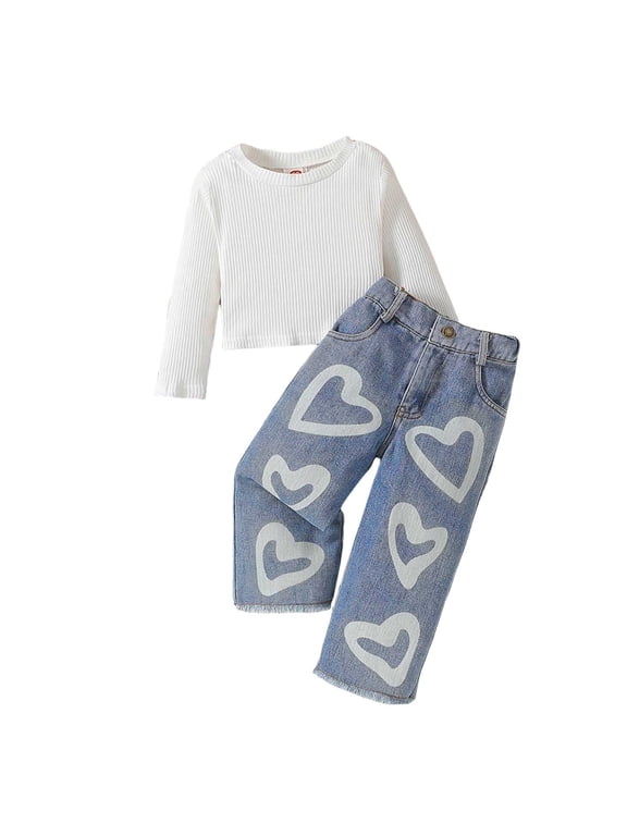 Girls Holiday Outfits Girls Clothes Size 2t 3t 4t 5t 6t Knitted Top Jeans Outfits with Love Hearts Graphic