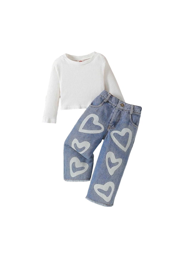 Girls Holiday Outfits Girls Clothes Size 2t 3t 4t 5t 6t Knitted Top Jeans Outfits with Love Hearts Graphic