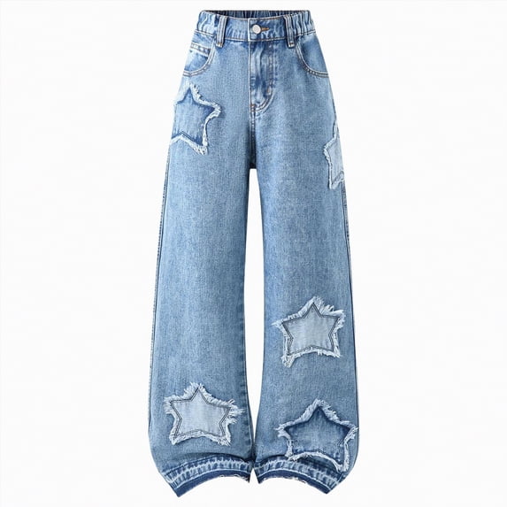 Taybagh Girls Jeans Star Patched Sweatpants for Girls Straight Leg Baggy Denim Pants High Waisted Streetwear