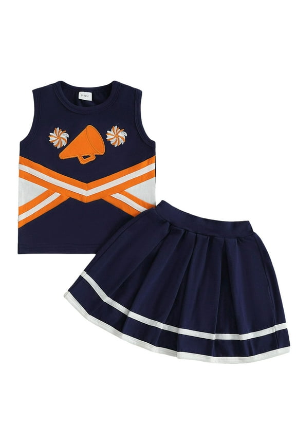 Girls Outfits Cheerleader Short Sleeve Shirt Skirt Set Toddler Girl Clothes for Cheerleading Cheer Outfit Navy 2-3 Years