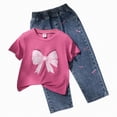 thumbnail image 1 of Taybagh Girls Outfits Stylish 3t Girl Clothes Beach Outfits Embroidered Denim Trousers Sets with Bow Print Graphic, 1 of 6