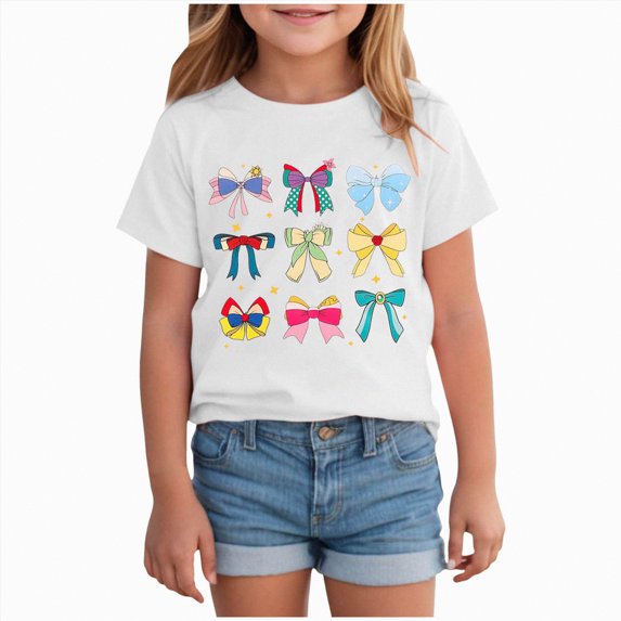 Taybagh Girls Shirts Magical Bow Colorful Cute Tops for Teen Girls Basic Shirt Holiday Vacation Clothes White 5-6 Years