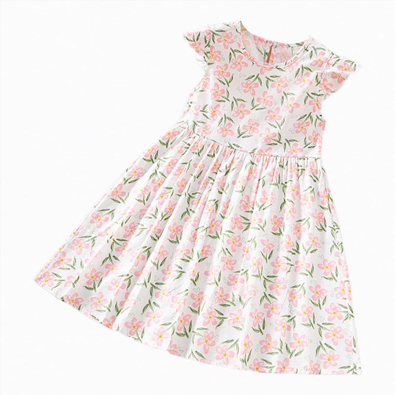 Taybagh Girls Summer Dress Short Sleeve Round Neck Floral Print Princess Clothes for Kids Lightweight Purple Girls Dresses Size 6