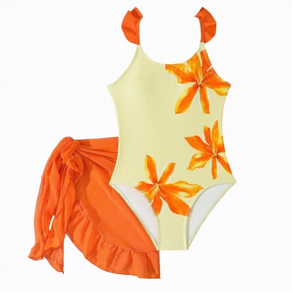 Taybagh Girls Swimsuit Floral Print One Piece Swimsuit with Cover Up Ruffle Stretch 2 Piece Beachwear