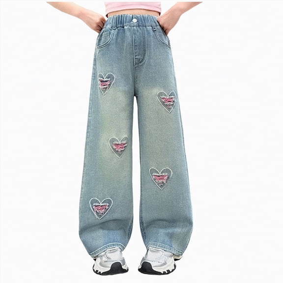 Taybagh Girls Wide Leg Jeans Heart Shaped Ripped Jeans Straight Stretch Cute Denim Trousers