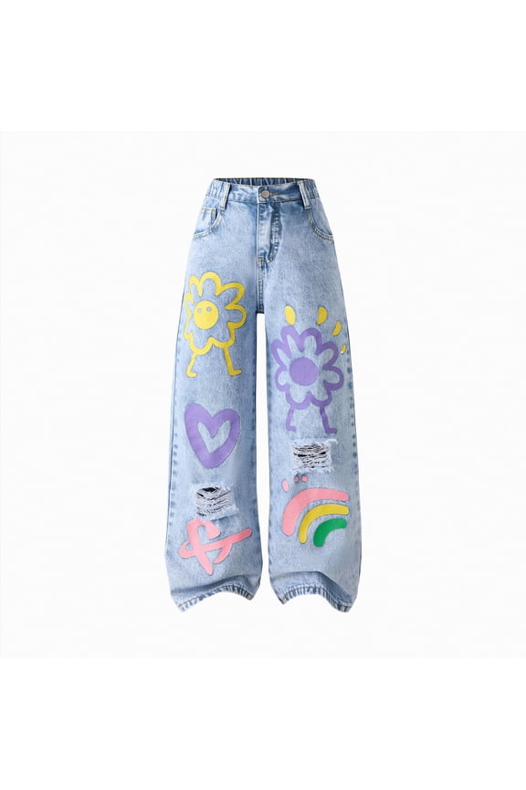 Girls Wide Leg Jeans Trendy Rainbow Colors Graphic Ripped Jeans for Teens High Elastic Vintage