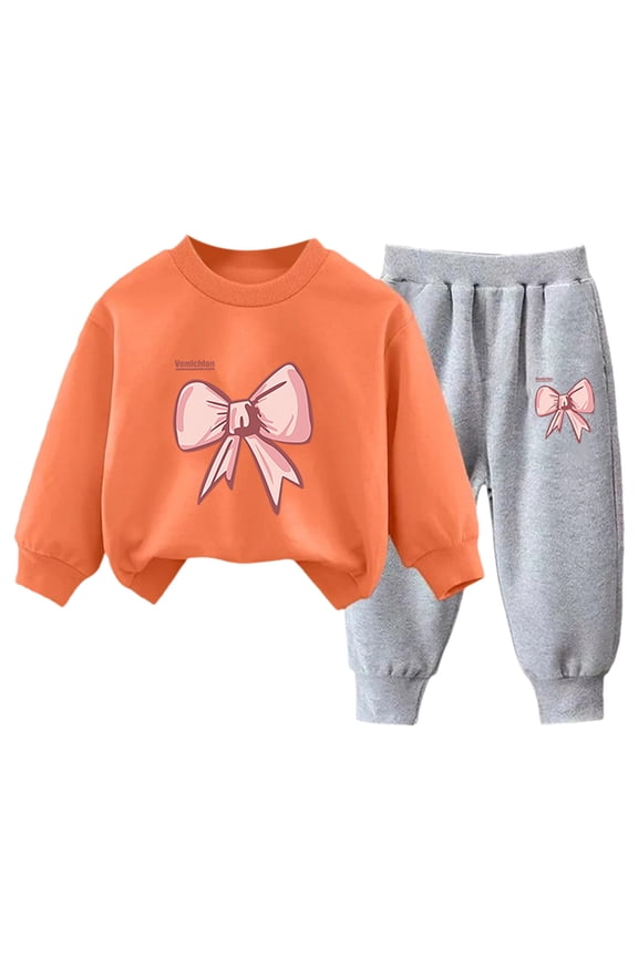 Girls Winter Outfits Bow Printed Toddler Girls Clothes Size 6 Sweatshirt Pants Birthday Outfit Orange 6-7 Years