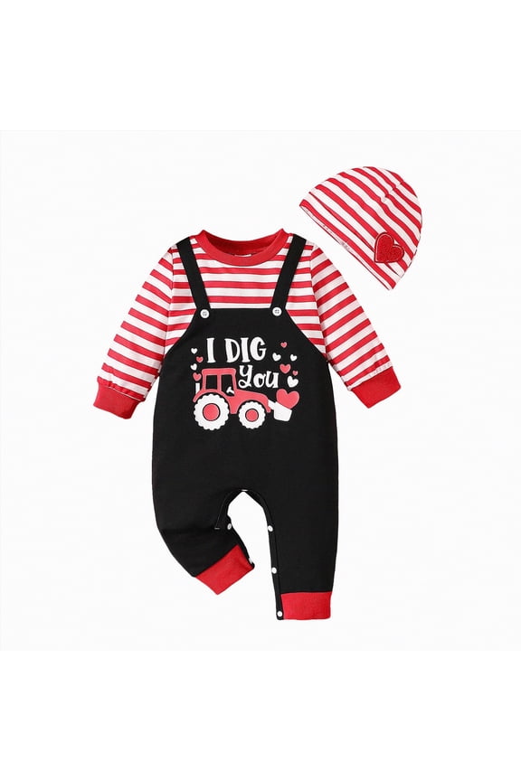My First Valentines Baby Boy Outfit Cute Valentine Tractor Print Button Jumpsuit with Hat Toddler Boys Clothes Sets