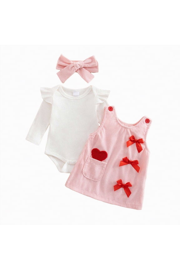 My First Valentines Baby Girl Outfit Soild Color Romper Bow Overalls Dress Newborn Girl Clothes with Headband Spring