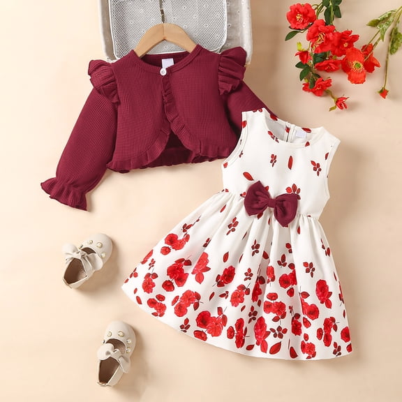 Taybagh Newborn Girl Outfits Spring Girl Floral Sleeveless Baby Dress Headband 3 Piece Set with Knit Cardigan Birthday Outfit