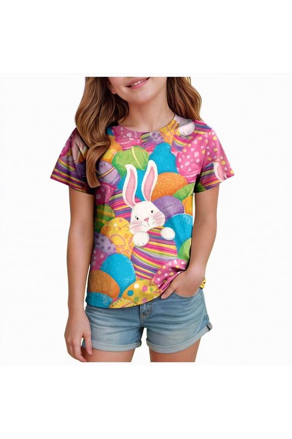 Shirts for Girls Happy Easter Graphic Print Girls Short Sleeve Spring T-Shirt Funny Tee Cotton