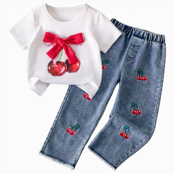Taybagh Toddler Girl Outfits Bow and Cherry Print 2t Girl Clothes Vacation Outfits Short Tshirt Jeans Set