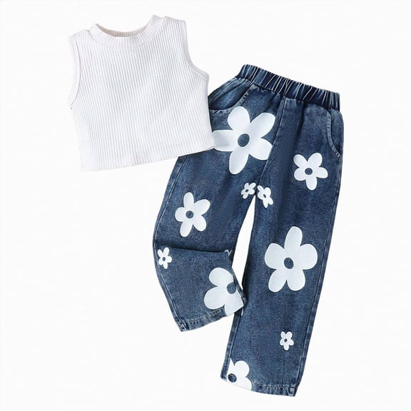 Taybagh Toddler Girl Outfits Knit Sleeveless Top and Jeans Outfits with Butterfly Graphic Girls Clothes for Summer Chic