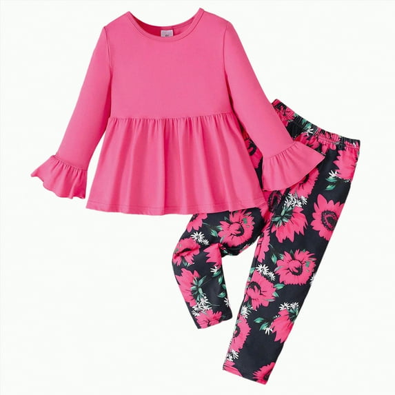 Taybagh Toddler Girl Outfits Vintage Floral Pant Set 5t Girls Clothes Winter Soft Kids Outfit with Ruffle Sleeve Hot Pink 4-5 Years