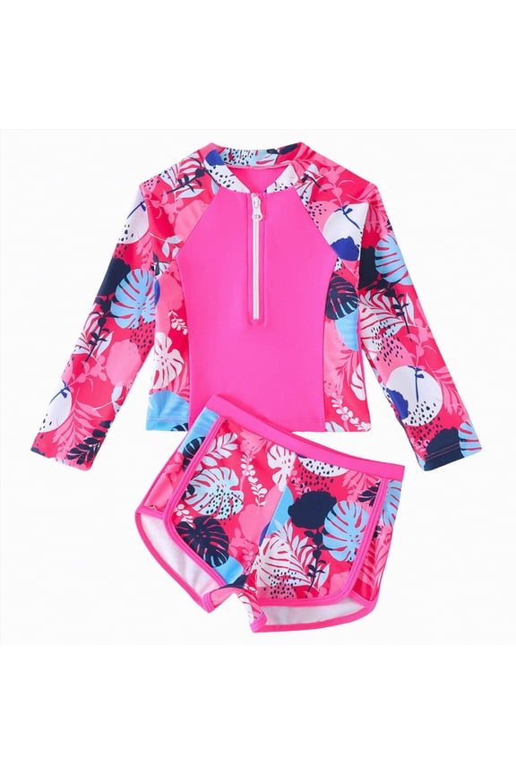 Toddler Girls Long Sleeve Half Zipper Swimsuits Print Rash Guard Girls Tankini Swimsuit for Play