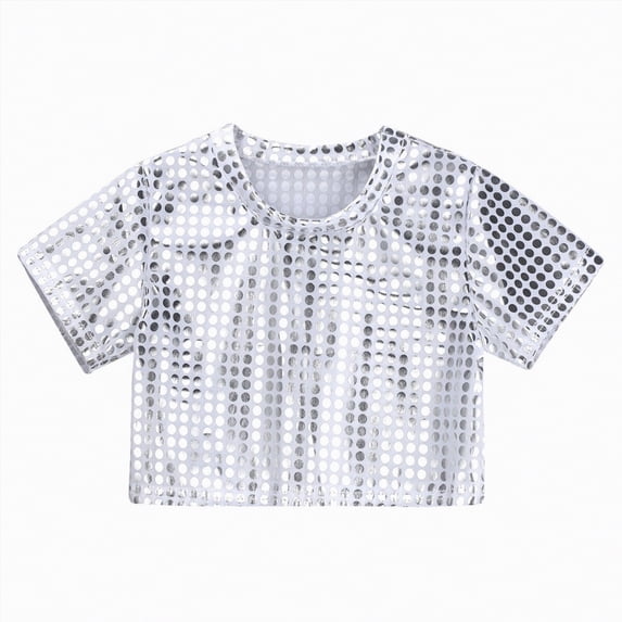 Taybagh Toddler Girls Shirts Sequin Glitter Short Sleeves Party Teen Girl Clothes Crop Tops for Kids Carnival Celebration Wear