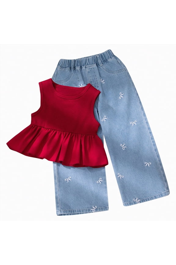 Toddler Outfits for Girls Patchwork Summer Plus Size 2 Piece Sets Sleeveless Top Straight Leg Long Jeans with Bow Embroidery Red 3-4 Years