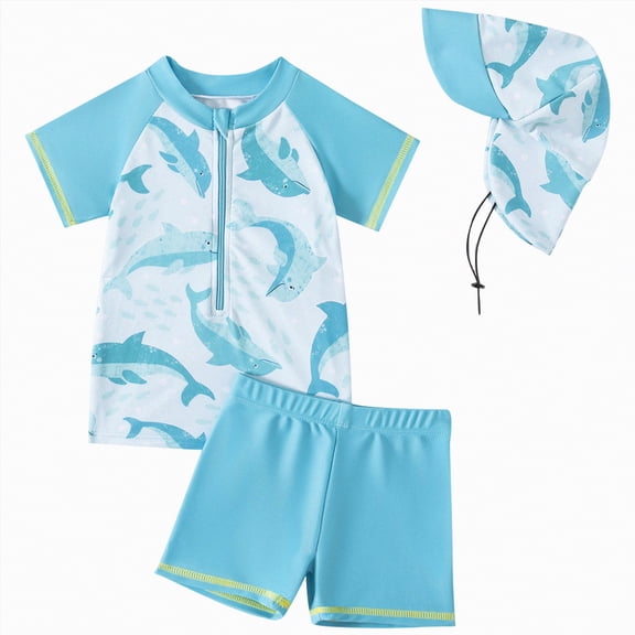 Taybagh Toddler Swimsuit Baby Zipper Print Swimsuit with Rash Guard Hat Plus Size Swim Trunks