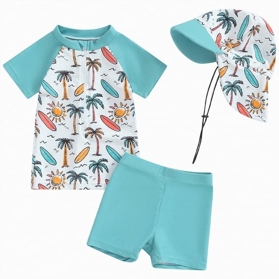 Taybagh Toddler Swimsuit Baby Zipper Print Swimsuit with Rash Guard Hat Plus Size Swim Trunks
