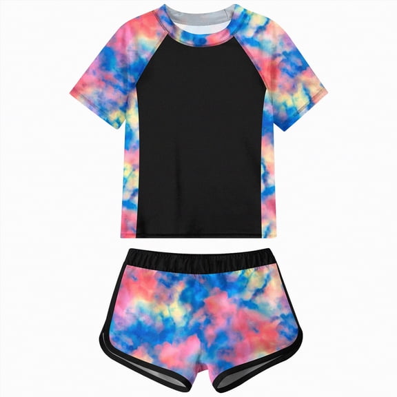 Taybagh Toddler Swimsuit Girl Color Blocking Printed Swimsuit Short Sleeved Beach Shorts Swimsuit for Girls Surfing and Swimming