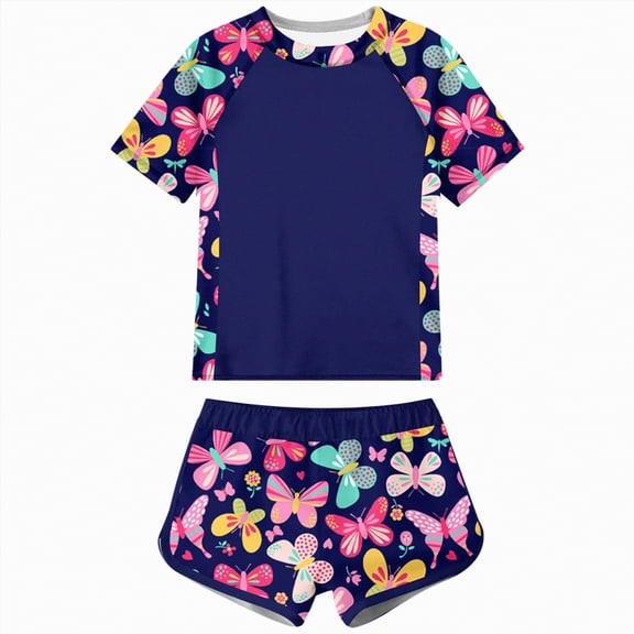 Taybagh Toddler Swimsuit Girl Color Blocking Printed Swimsuit Short Sleeved Beach Shorts Swimsuit for Girls Surfing and Swimming