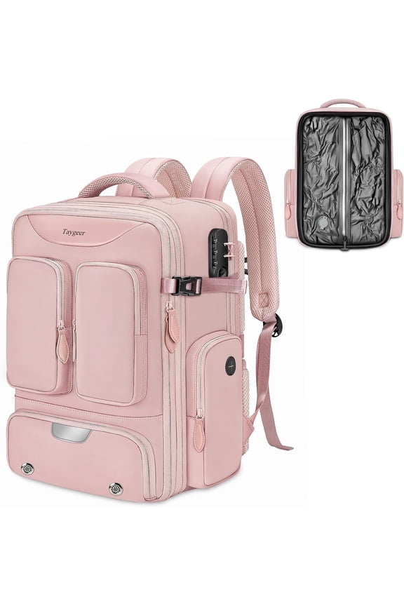 Vacuum Backpack, Expandable Carry on Compression Luggage Bag with Shoe Compartment and Rain Cover for Adults, Pink