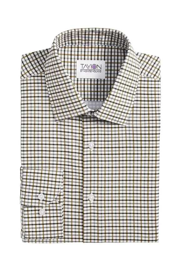 Men's Shirt, White Grnd W/ BLK & Gold Plaid, L 16-16.5, 34/35
