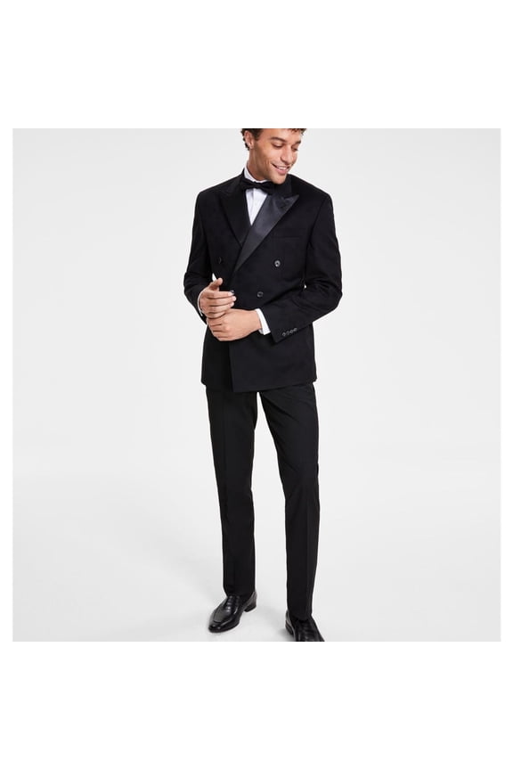 Mens Solid Double Breasted Blazer Jacket, Black, 46 Regular