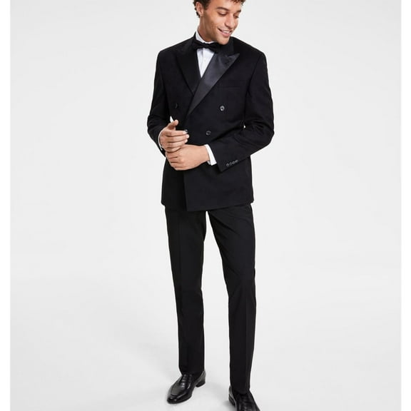 Tayion Collection Mens Solid Double Breasted Blazer Jacket, Black, 40 Regular