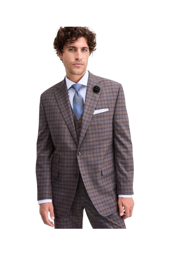 Mens Classic fit Suit Jacket Blazer 42 S Beige Plaid Stretch
