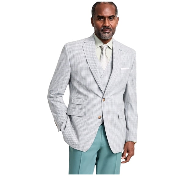 Tayion Mens Regular fit Suit Jacket Blazer 38 R Light Grey Plaid Stretch