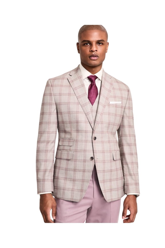 Mens Regular fit Suit Jacket Blazer 40 R Beige Plaid Stretch