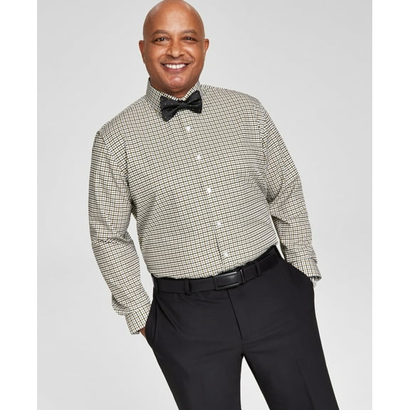 Tayion Collection Men's Shirt, White Grnd W/ BLK & Gold Plaid, M 15-15.5, 34/35