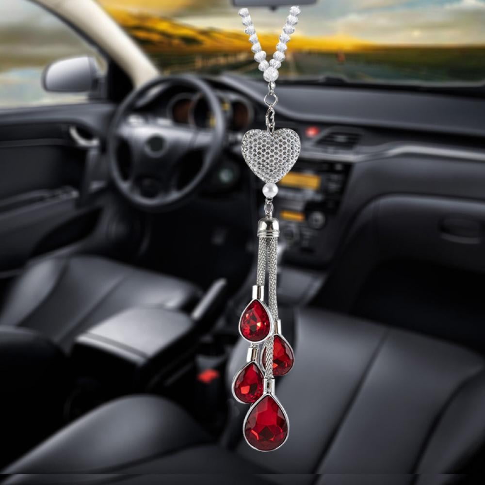 Taykoo Bling Car Accessories for Women,Diamond Crystal White Heart Car Rear  View Mirror Charms Prism Car Decoration Decor,Lucky Hanging Interior  Ornament Pendant Sun Catcher 
