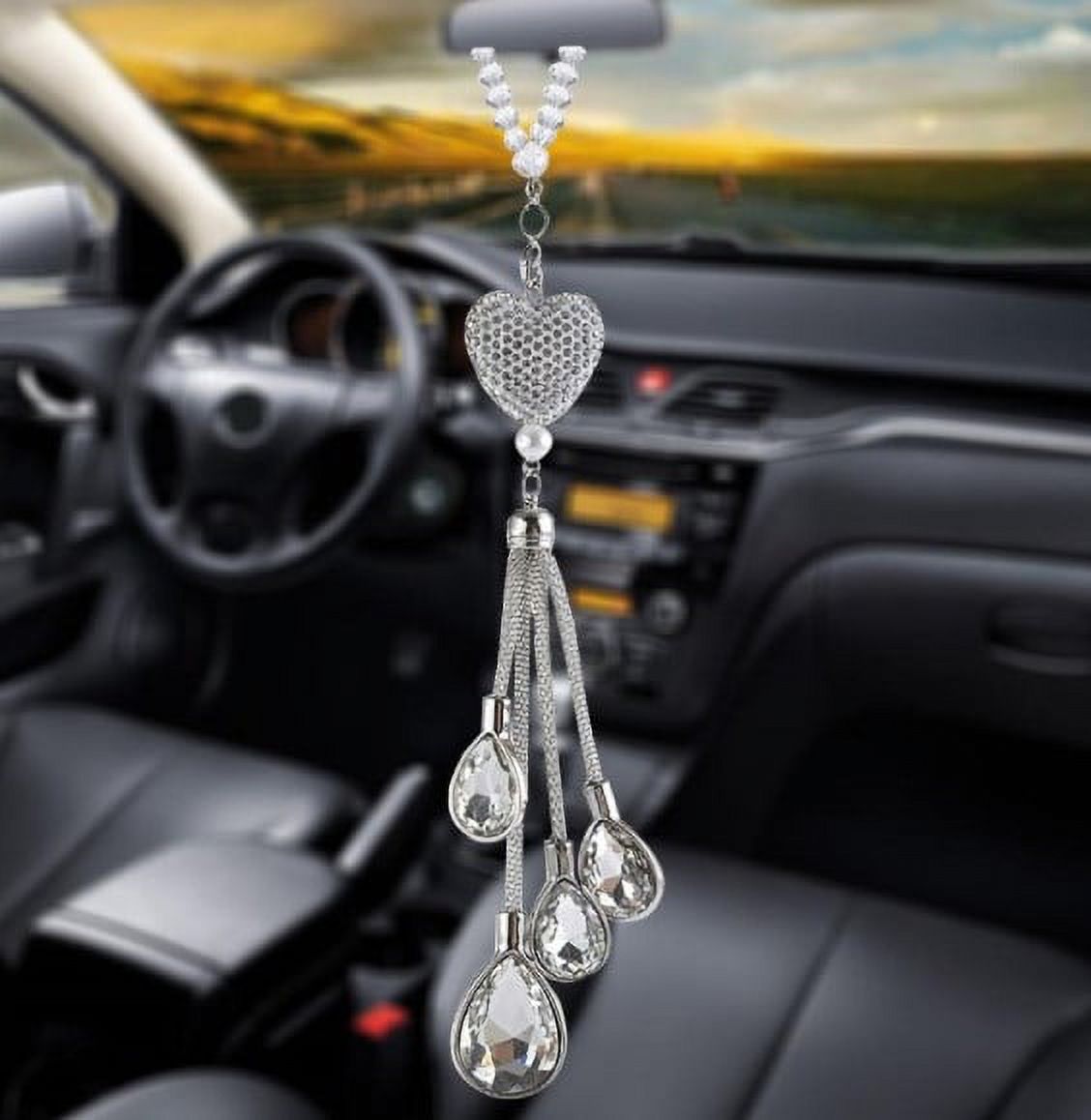 Taykoo Bling Car Accessories for Women,Diamond Crystal White Heart Car Rear  View Mirror Charms Prism Car Decoration Decor,Lucky Hanging Interior
