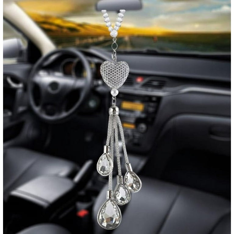 Taykoo Bling Car Accessories for Women,Diamond Crystal White Heart Car Rear  View Mirror Charms Prism Car Decoration Decor,Lucky Hanging Interior  Ornament Pendant Sun Catcher 