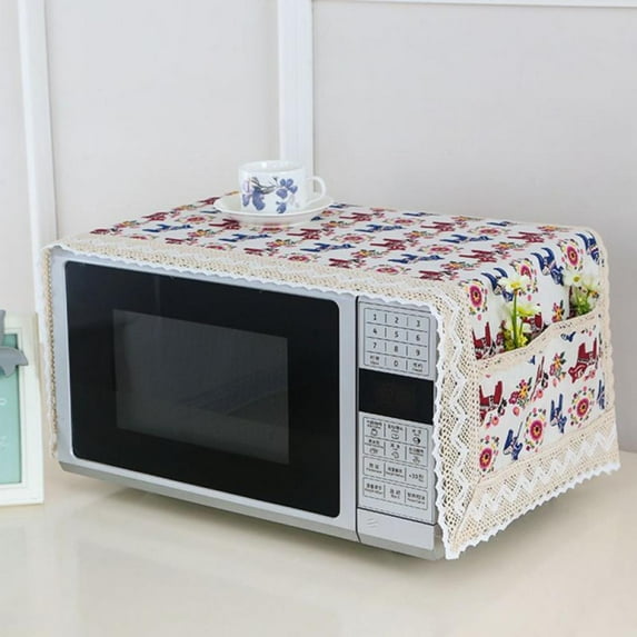 Taykoo Microwave Oven Cover Dust Oil Proof Cloth with Storage Pockets Cotton Linen Kitchen Toaster Appliance Protector