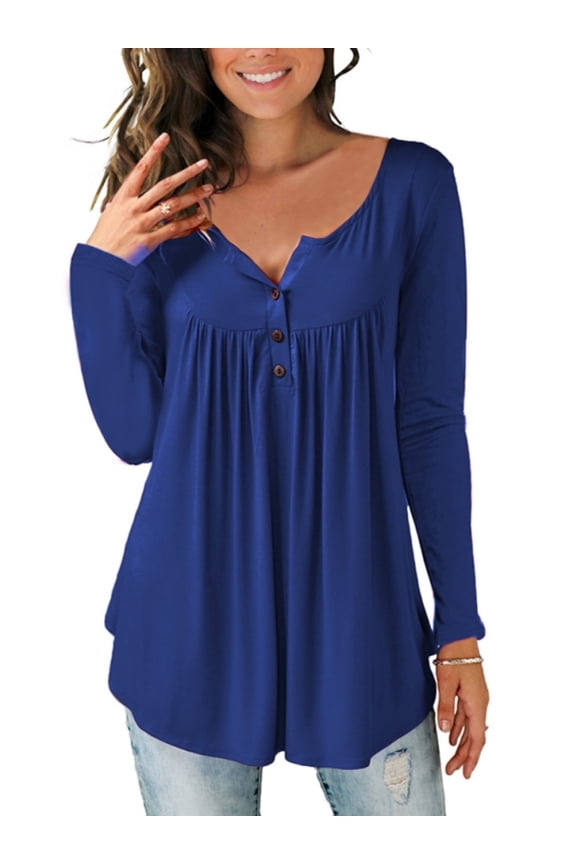 Women Button V Neck Long Sleeve Casual Loose Tops