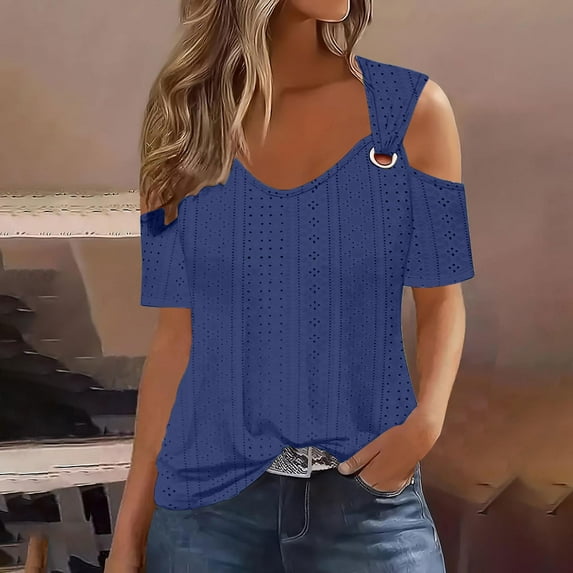 Taylonsss 2024 Women's Fashion Casual Solid Color Shoulder Leakage Short Sleeve Pullover Short Sleeve Top